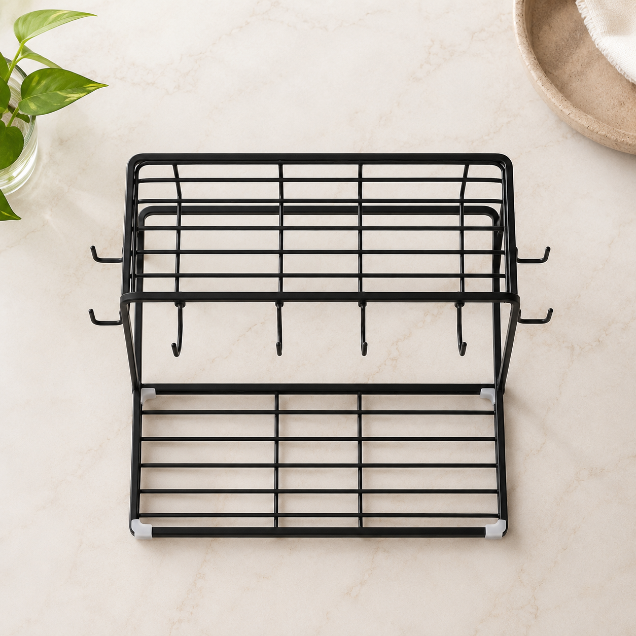 2-Tier Metal Mug & Kitchen Organizer Rack with Hooks – Rust Free