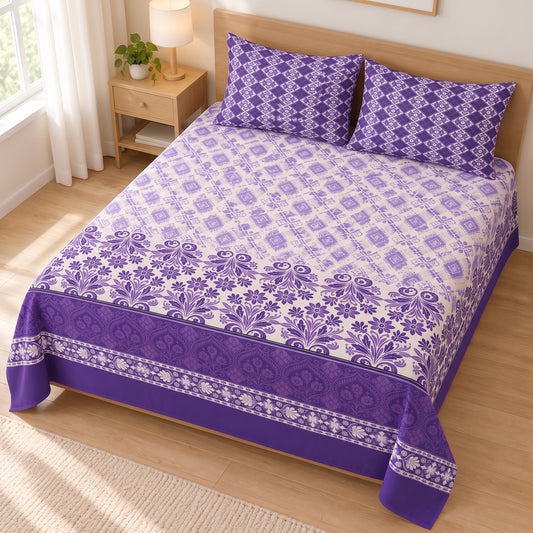 Purple Patterned 3 PCs Printed Bedsheet Set
