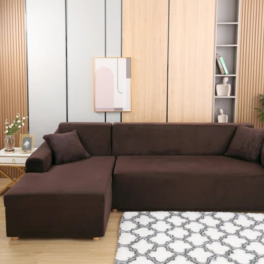 L-Shape Fitted Jersey Sofa Cover - Brown