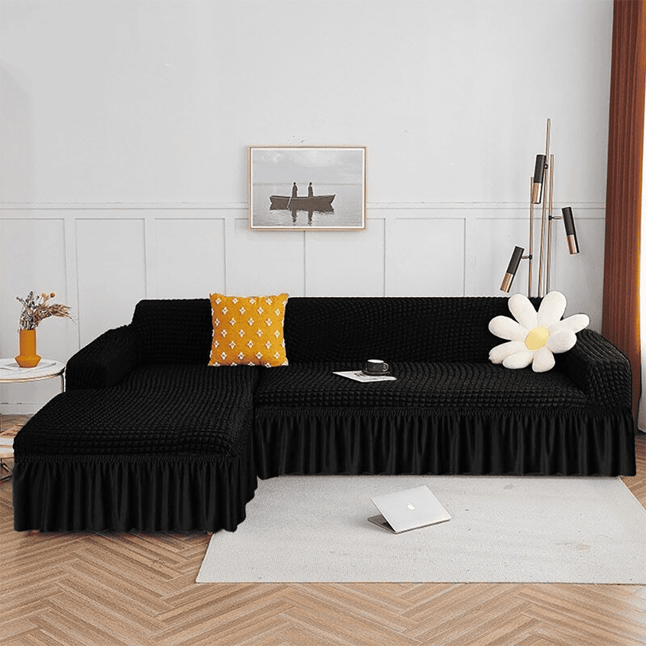L Shape Turkish Bubble Sofa Cover - Black