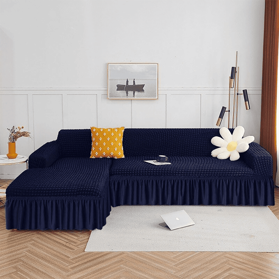 L Shape Turkish Bubble Sofa Cover - Navy Blue