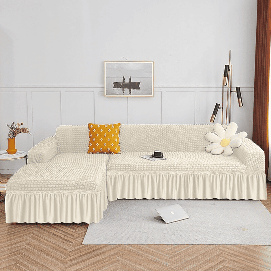 L Shape Turkish Bubble Sofa Cover - Off White