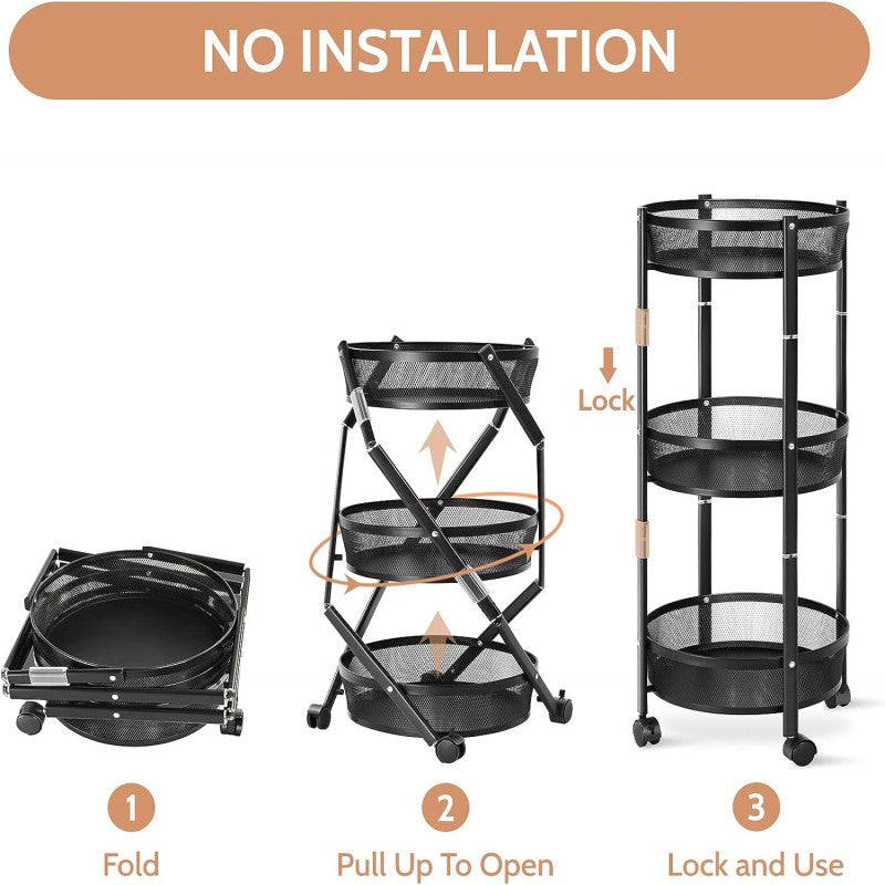 3-Tier Foldable Kitchen Trolley Rack by Dover Dream