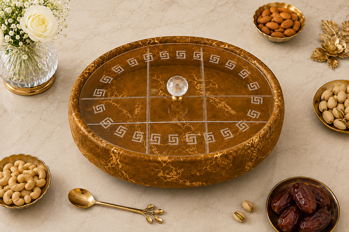 Luxury Turkish Dry Fruit Basket with Crystal Lid Handle – 6 Compartment Serving Tray