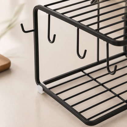 2-Tier Metal Mug & Kitchen Organizer Rack with Hooks – Rust Free