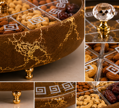 Luxury Turkish Dry Fruit Basket with Crystal Lid Handle – 6 Compartment Serving Tray