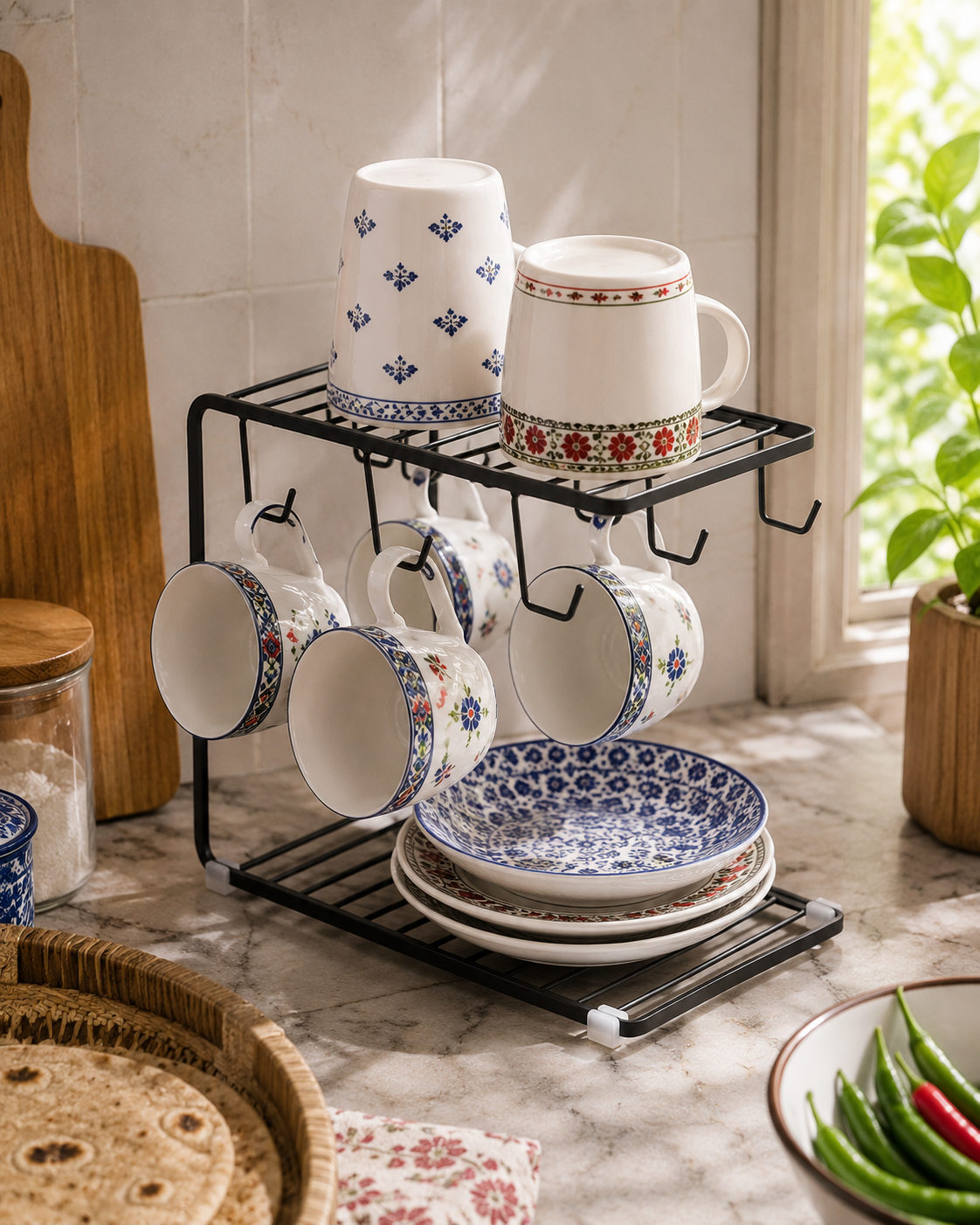 2-Tier Metal Mug & Kitchen Organizer Rack with Hooks – Rust Free