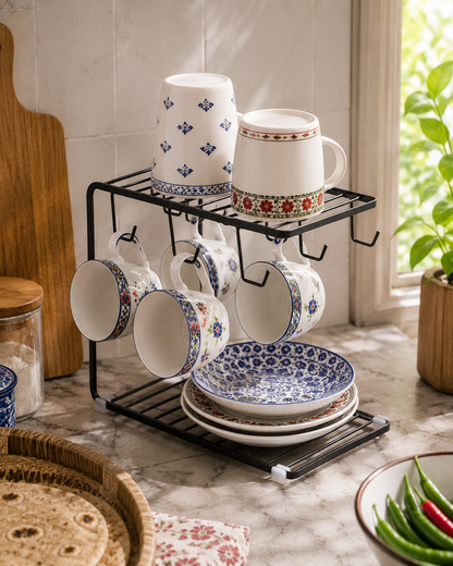 2-Tier Metal Mug & Kitchen Organizer Rack with Hooks – Rust Free