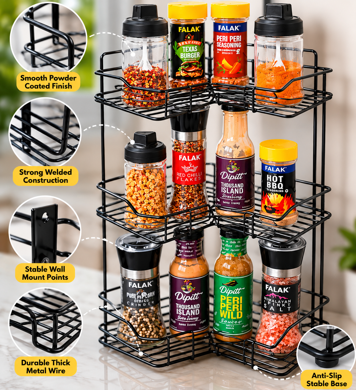 Dover Dream Premium 3-Tier Corner Spice Rack Organizer
