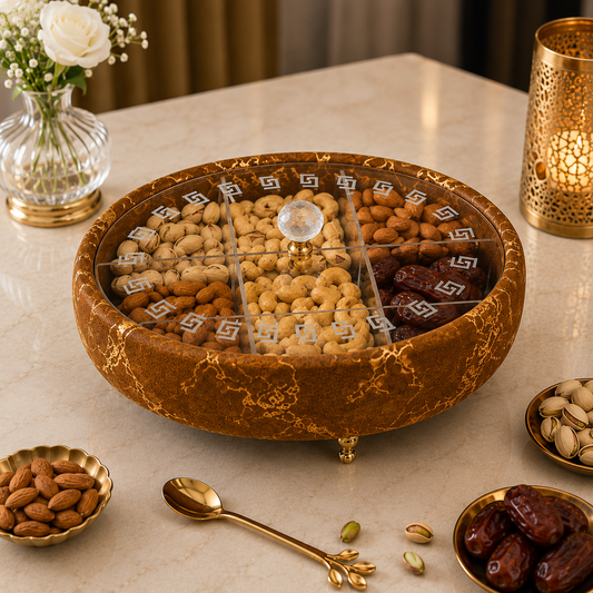Luxury Turkish Dry Fruit Basket with Crystal Lid Handle – 6 Compartment Serving Tray
