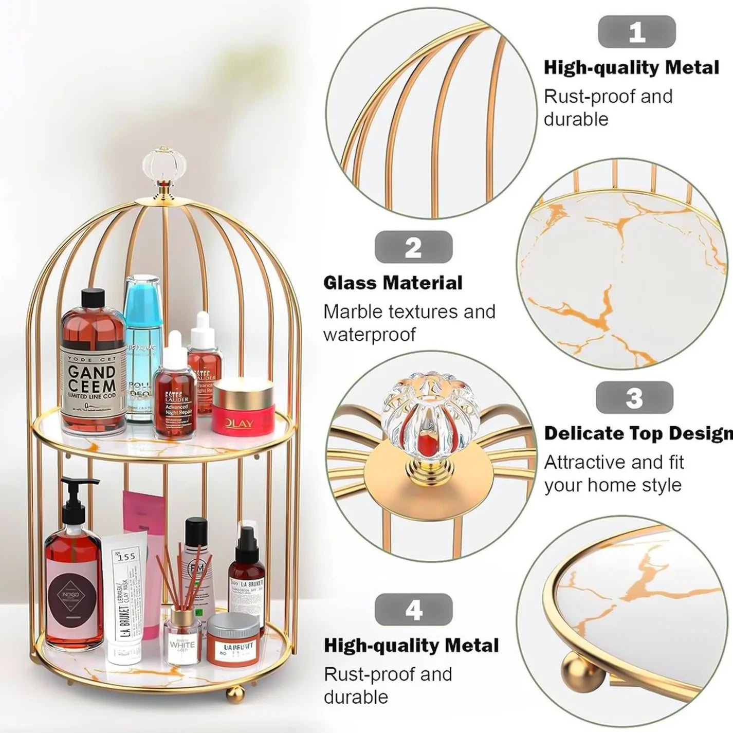 2-Tier Golden Vanity Organizer – Marble Finish Storage Rack
