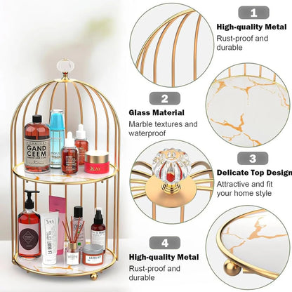 2-Tier Golden Vanity Organizer – Marble Finish Storage Rack