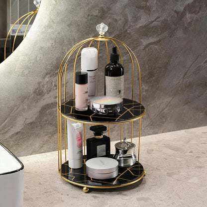 2-Tier Golden Vanity Organizer – Marble Finish Storage Rack