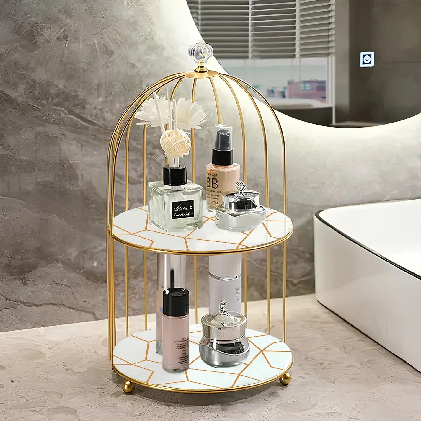 2-Tier Golden Vanity Organizer – Marble Finish Storage Rack