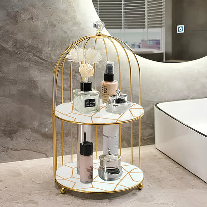 2-Tier Golden Vanity Organizer – Marble Finish Storage Rack
