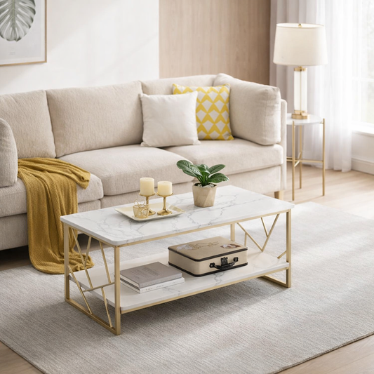 Luxury Two Layer Living Room Table with Gold Metal Frame