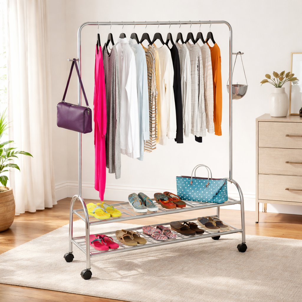 Elegant Multi-Purpose Cloth Hanging Stand with Wheels