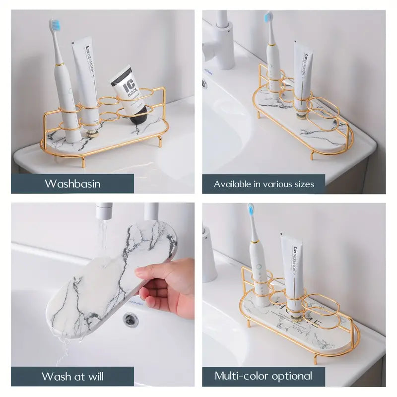 Luxurious Modern 4-Slot Toothbrush Holder with Quick-Dry Silica Sand Tray