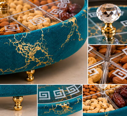 Luxury Turkish Dry Fruit Basket with Crystal Lid Handle – 6 Compartment Serving Tray