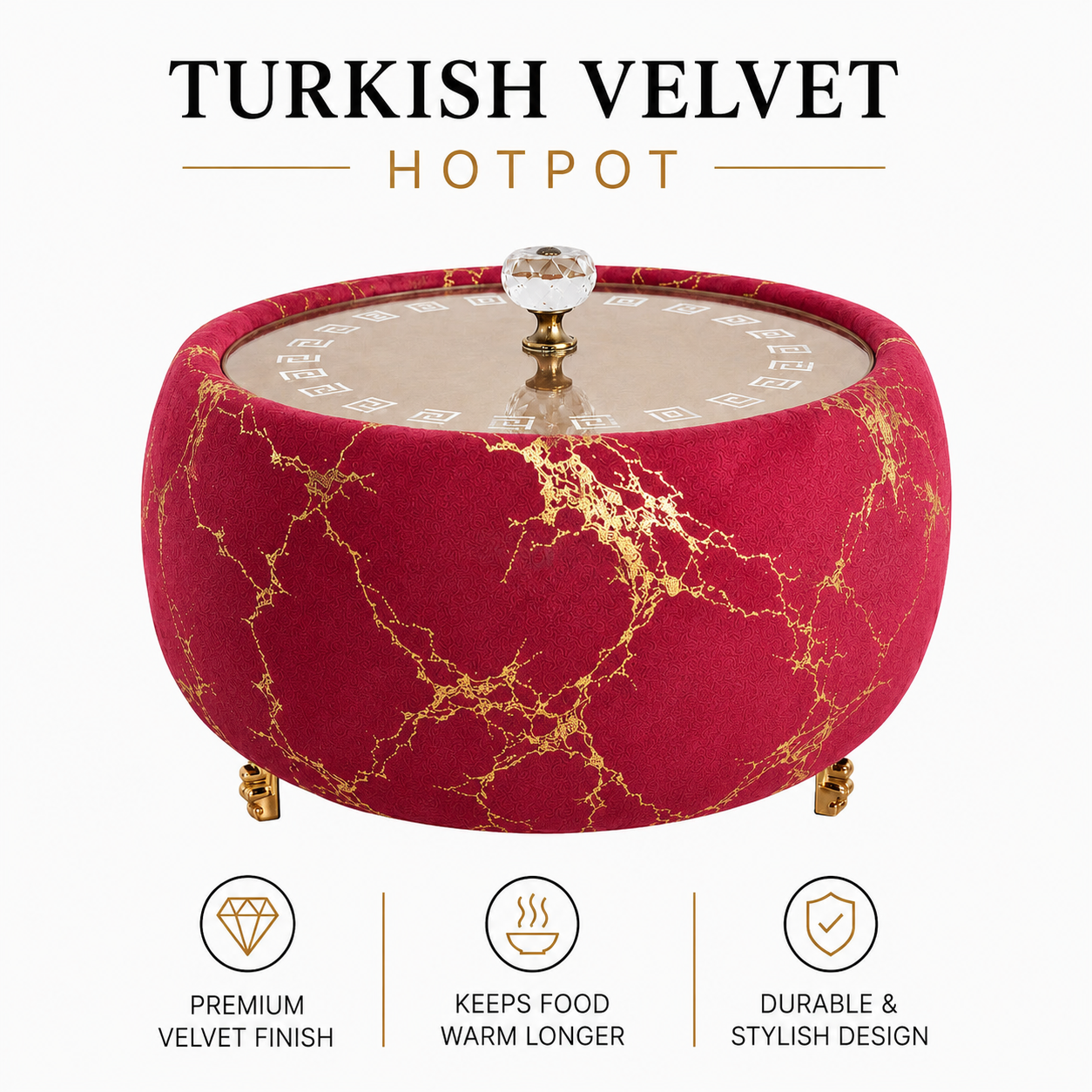 Luxury Turkish Velvet Hotpot with Crystal Lid Handle – Premium Insulated Food Warmer