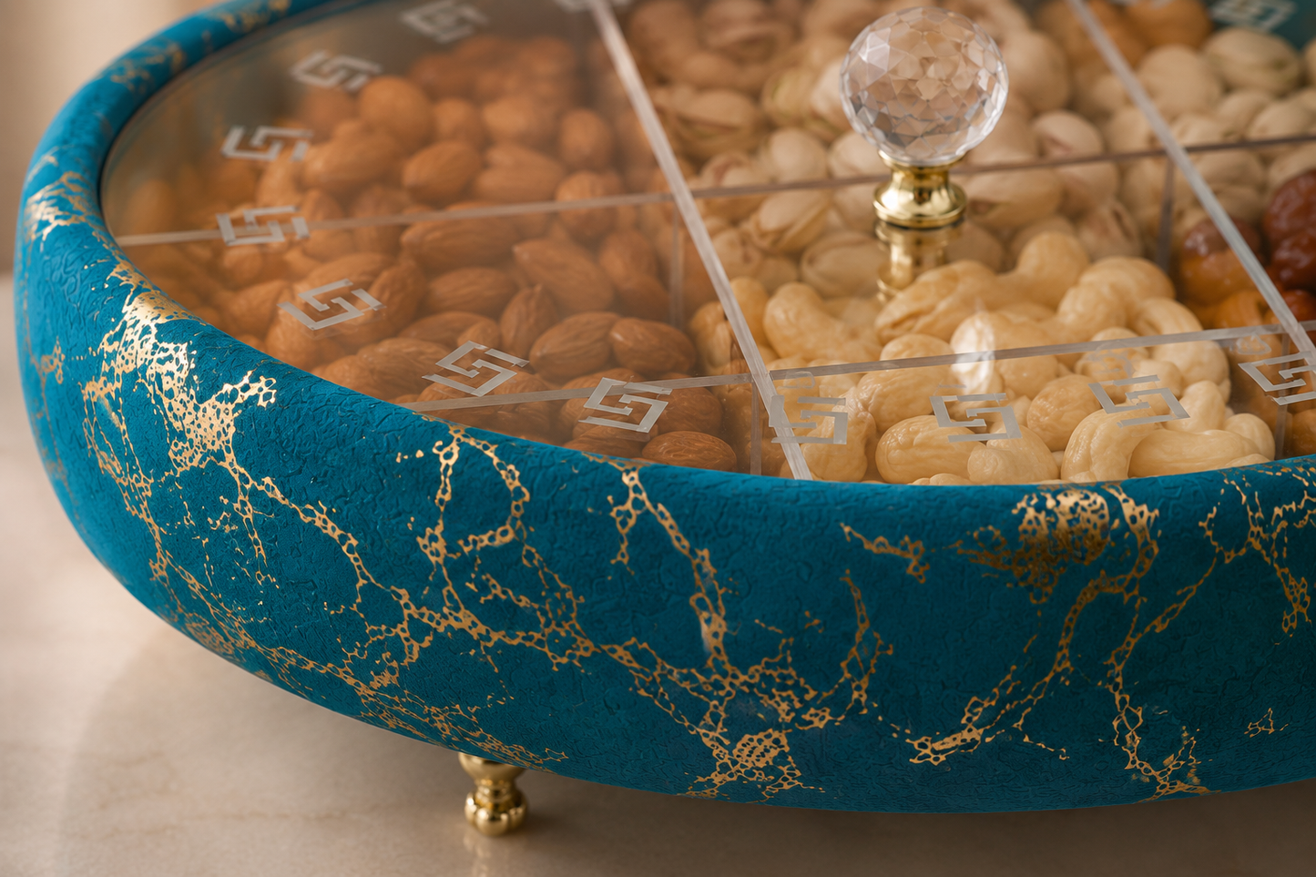 Luxury Turkish Dry Fruit Basket with Crystal Lid Handle – 6 Compartment Serving Tray