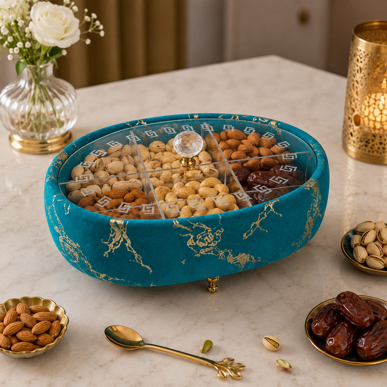 Luxury Turkish Dry Fruit Basket with Crystal Lid Handle – 6 Compartment Serving Tray