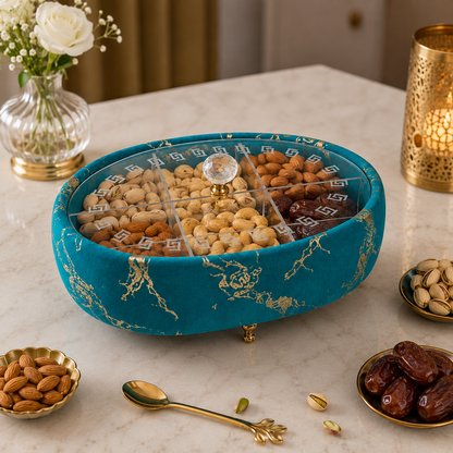 Luxury Turkish Dry Fruit Basket with Crystal Lid Handle – 6 Compartment Serving Tray