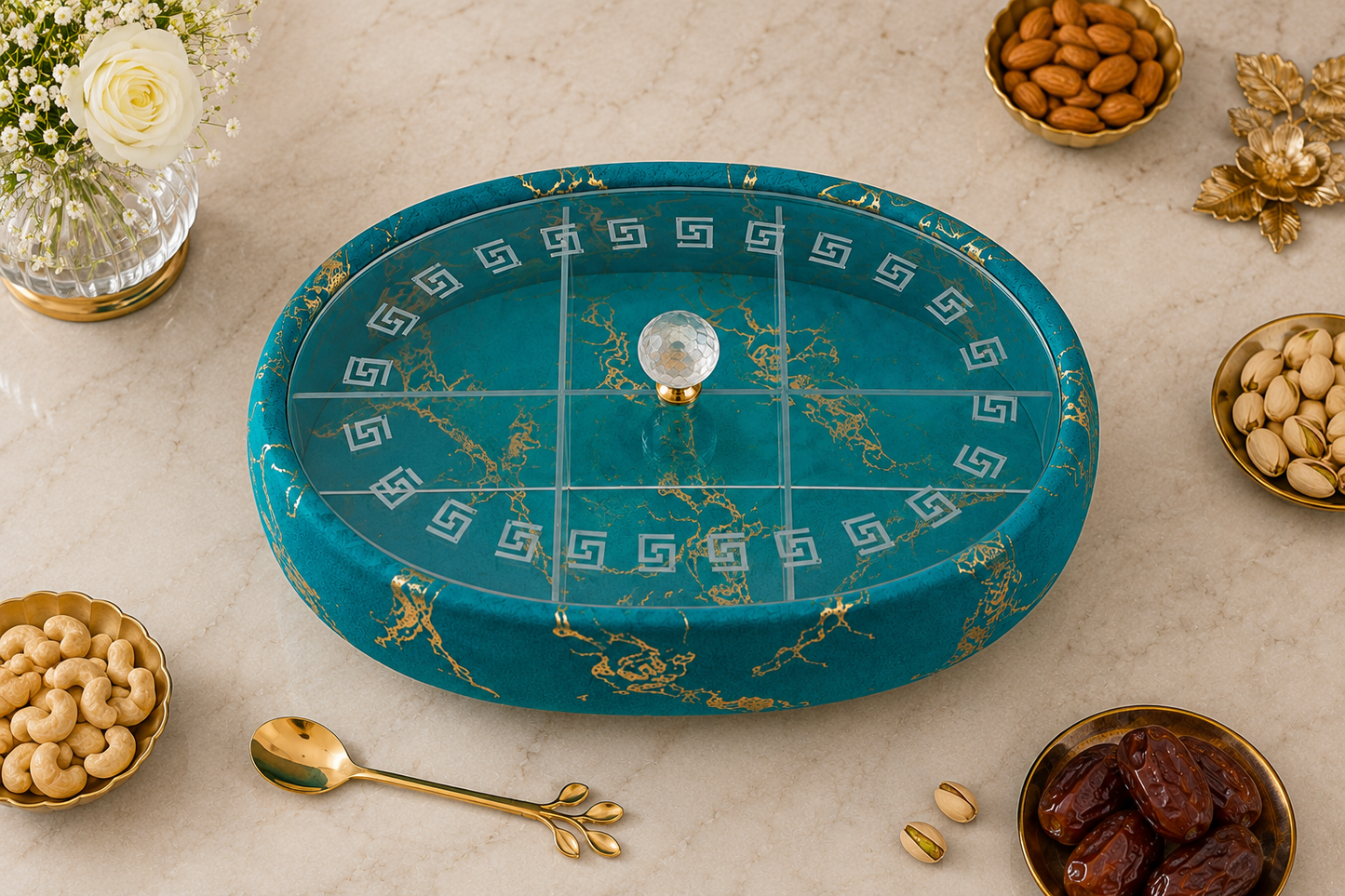 Luxury Turkish 6-Section Dry Fruit Basket With Crystal Lid Handle