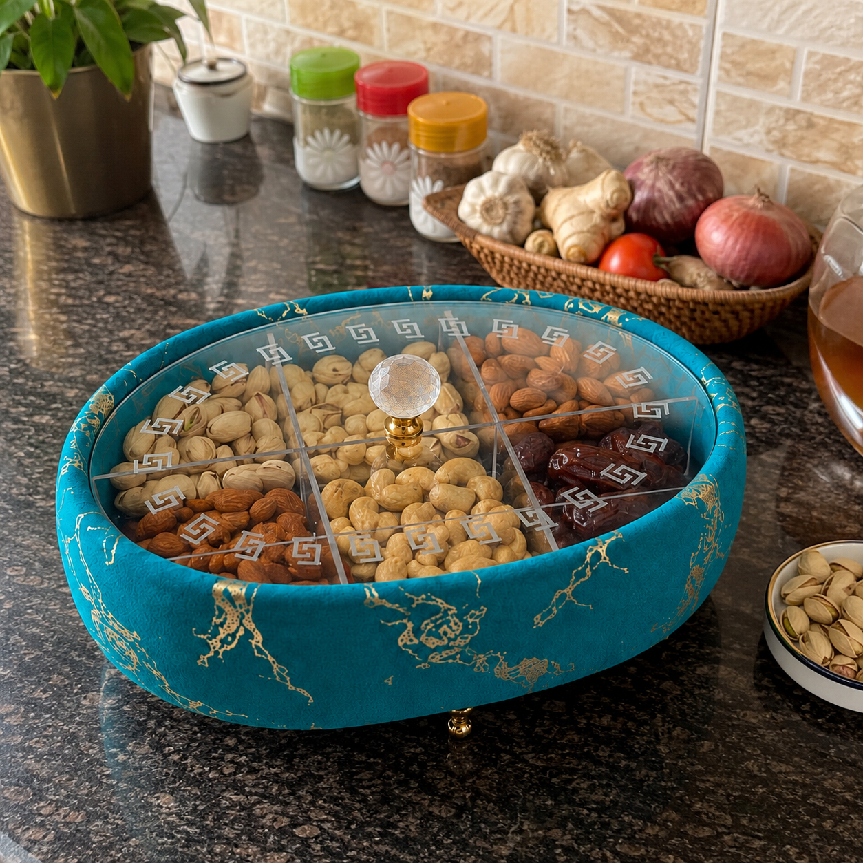 Luxury Turkish Dry Fruit Basket with Crystal Lid Handle – 6 Compartment Serving Tray