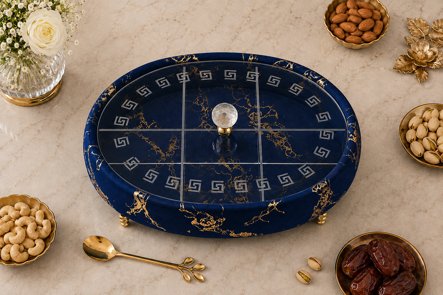 Luxury Turkish Dry Fruit Basket with Crystal Lid Handle – 6 Compartment Serving Tray
