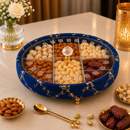 Luxury Turkish Dry Fruit Basket with Crystal Lid Handle – 6 Compartment Serving Tray