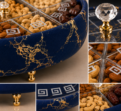 Luxury Turkish Dry Fruit Basket with Crystal Lid Handle – 6 Compartment Serving Tray