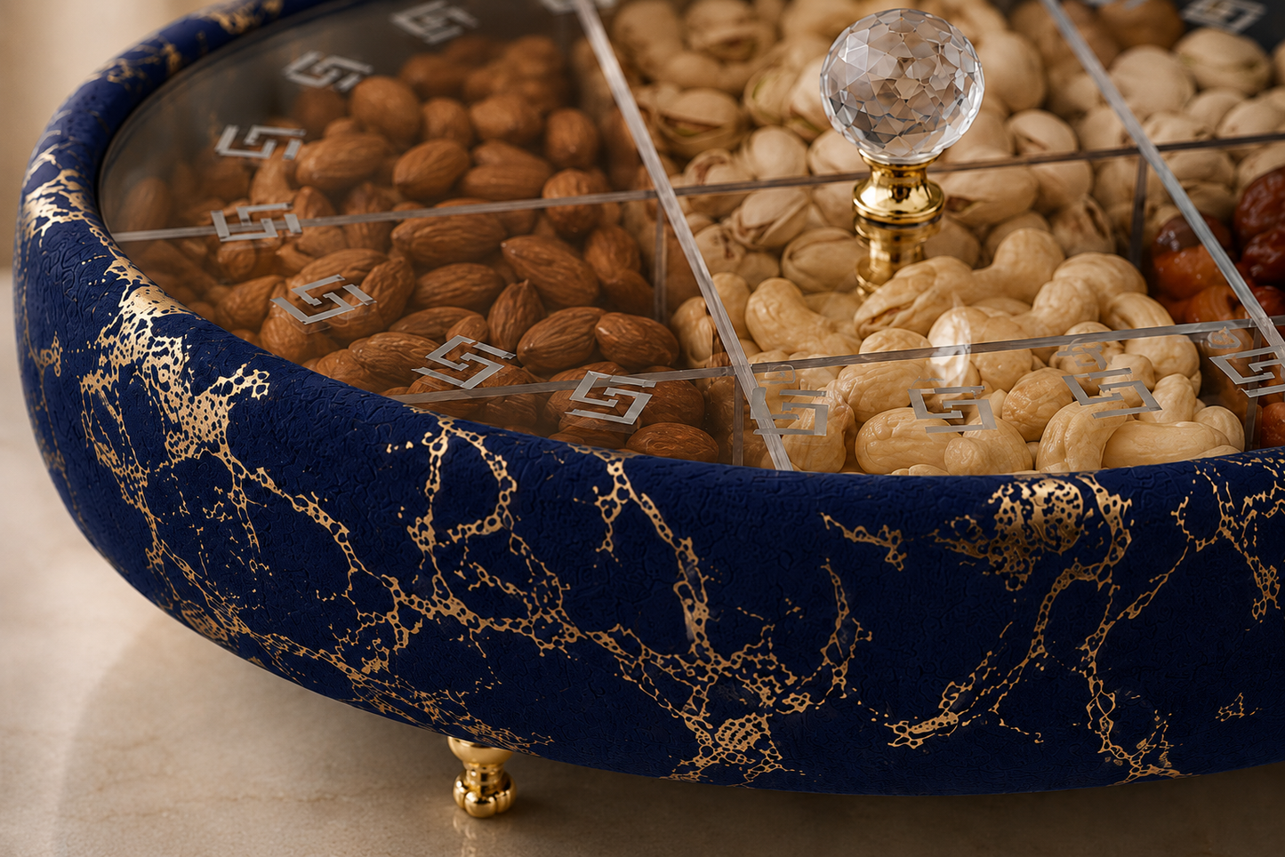 Luxury Turkish Dry Fruit Basket with Crystal Lid Handle – 6 Compartment Serving Tray