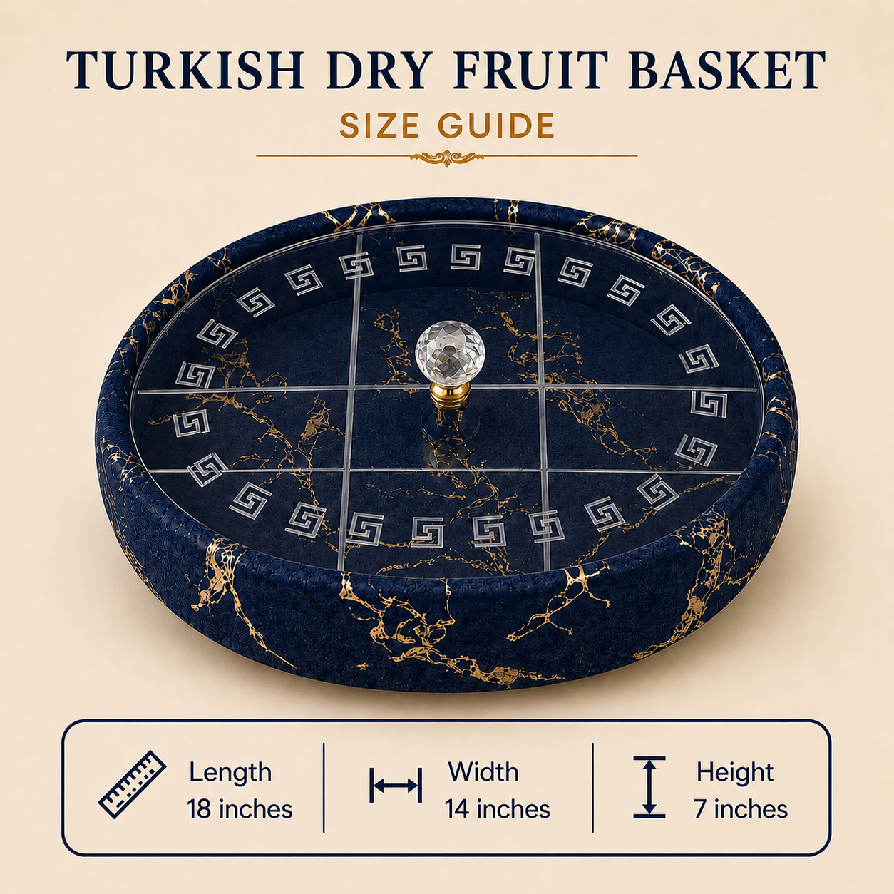 Luxury Turkish Dry Fruit Basket with Crystal Lid Handle – 6 Compartment Serving Tray