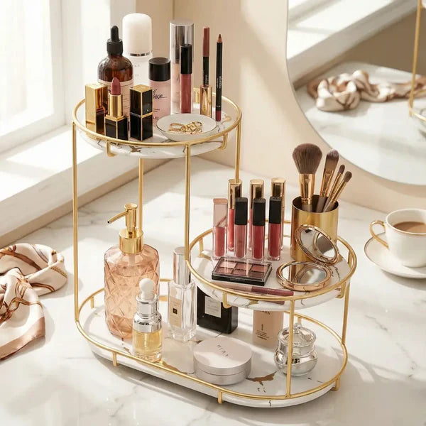 Luxury 3-Tier Vanity Organizer – Marble Finish with Gold Frame