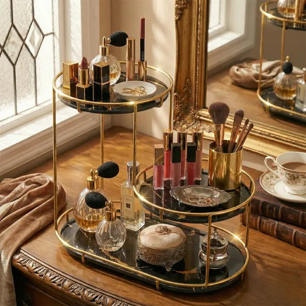 Luxury 3-Tier Vanity Organizer – Marble Finish with Gold Frame