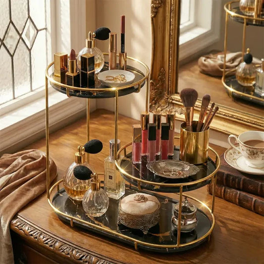 Luxury 3-Tier Vanity Organizer – Marble Finish with Gold Frame