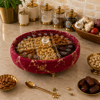 Luxury Turkish Dry Fruit Basket with Crystal Lid Handle – 6 Compartment Serving Tray