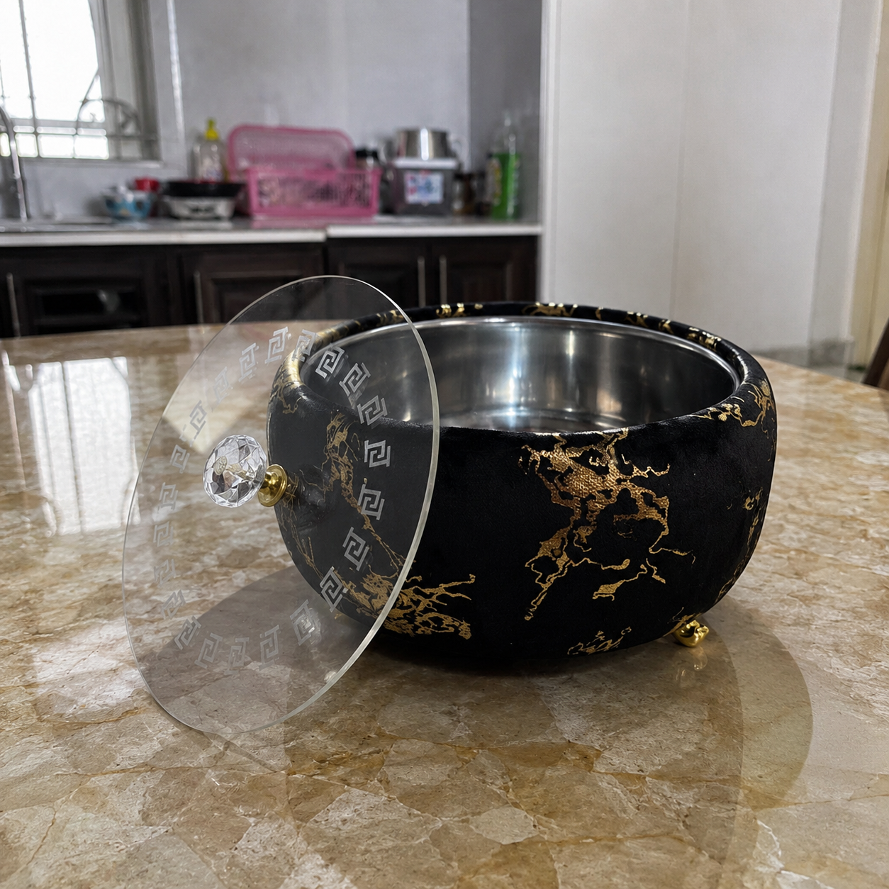 Luxury Turkish Velvet Hotpot with Crystal Lid Handle – Premium Insulated Food Warmer