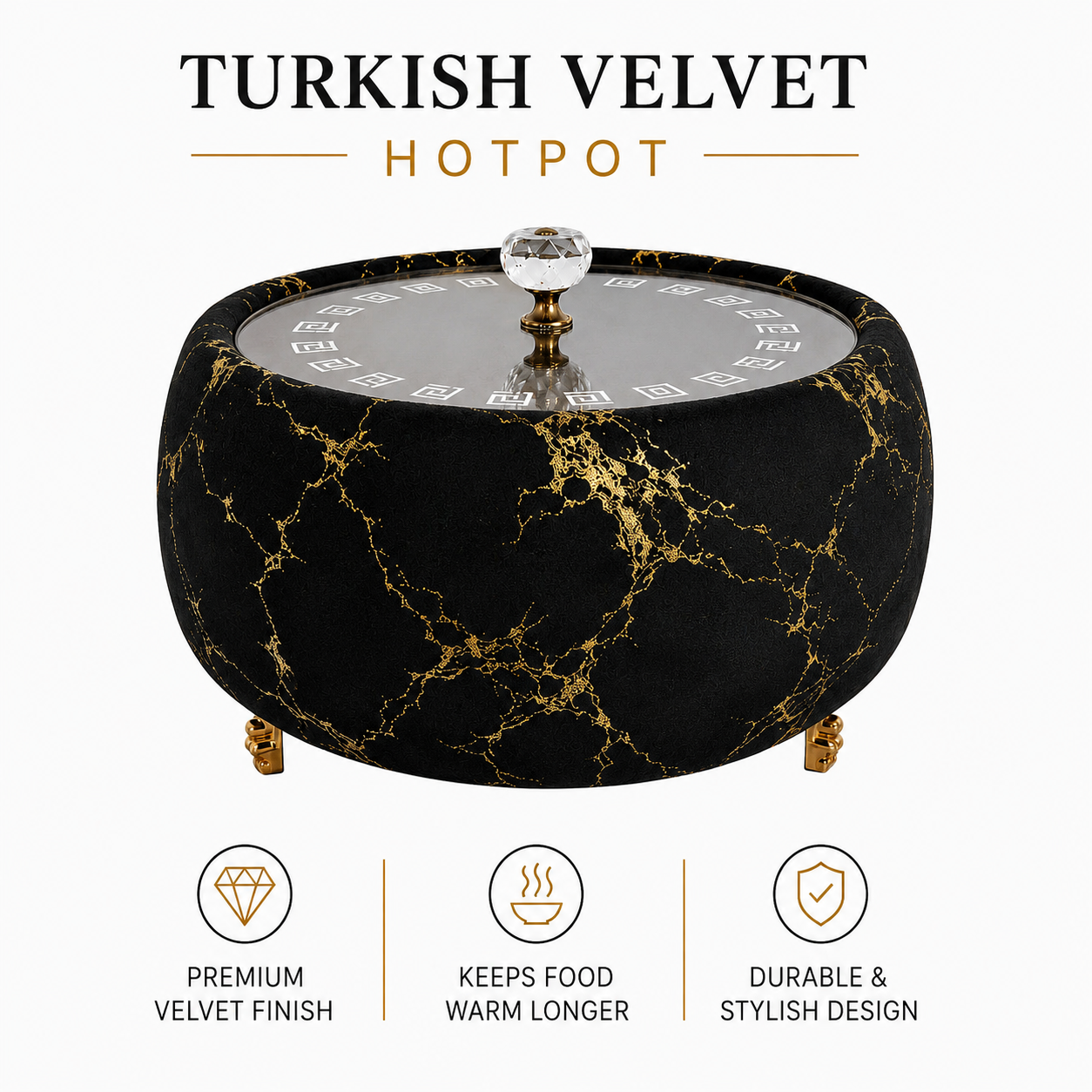 Luxury Turkish Velvet Hotpot with Crystal Lid Handle – Premium Insulated Food Warmer