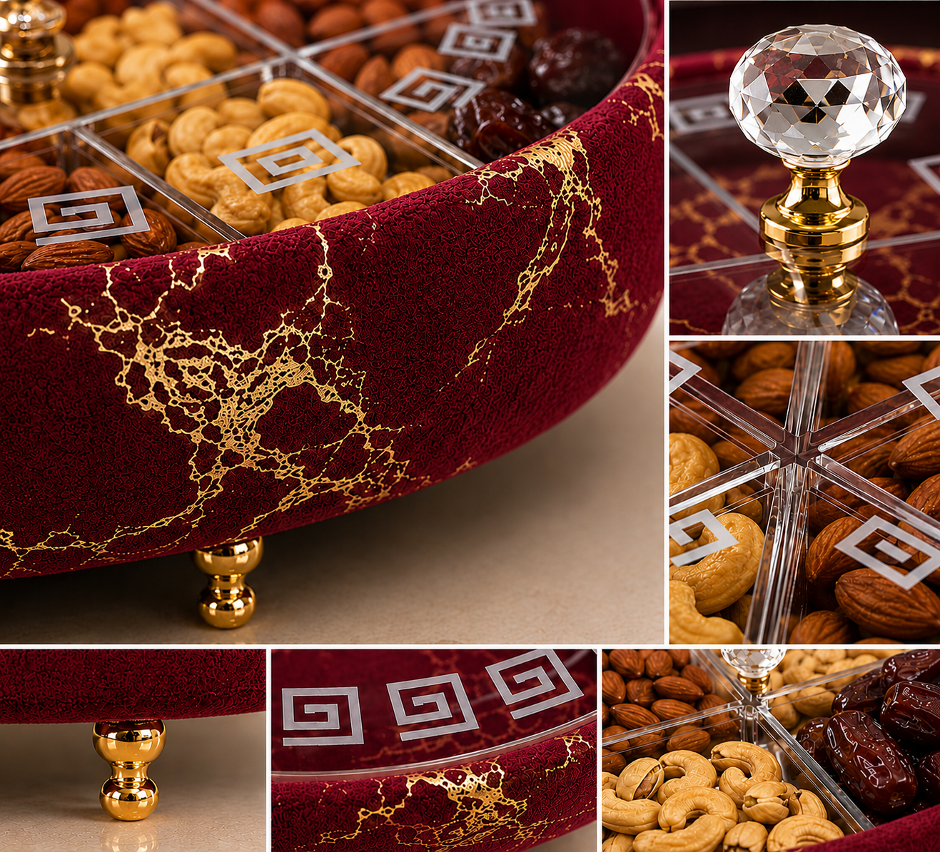 Luxury Turkish 6-Section Dry Fruit Basket With Crystal Lid Handle