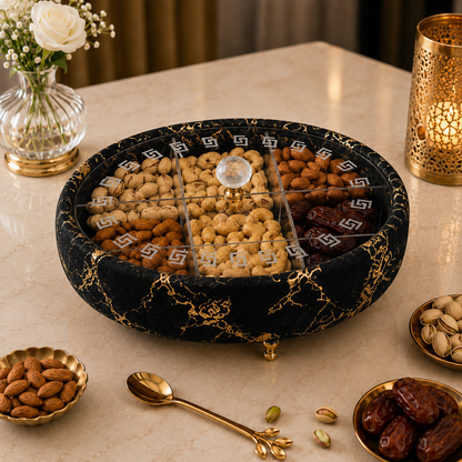 Luxury Turkish Dry Fruit Basket with Crystal Lid Handle – 6 Compartment Serving Tray