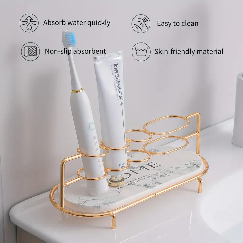 Luxurious Modern 4-Slot Toothbrush Holder with Quick-Dry Silica Sand Tray