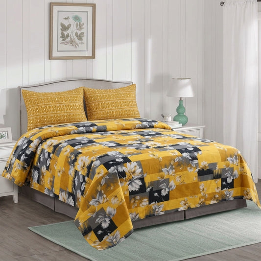 Cozy Mustard Printed 3 PCs Bedsheet Set