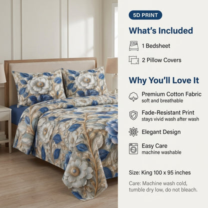 Azure Premium 3D Blossom Bedsheet set