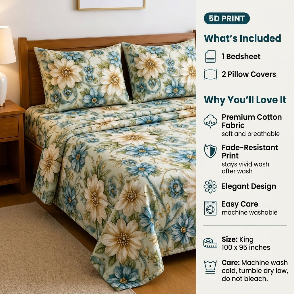 Oysters Floral 3D Premium Bedsheet Set