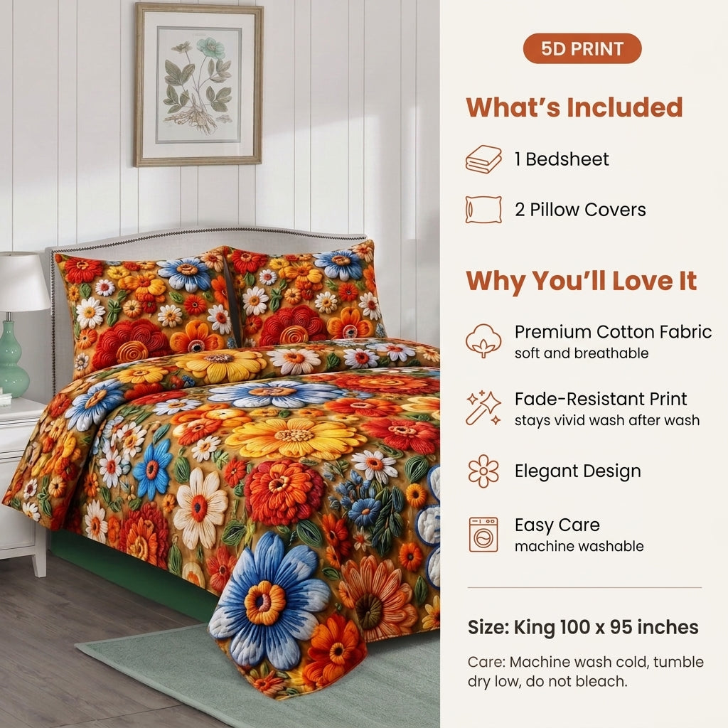 Autumn Blossom 3D Premium Bedsheet Set