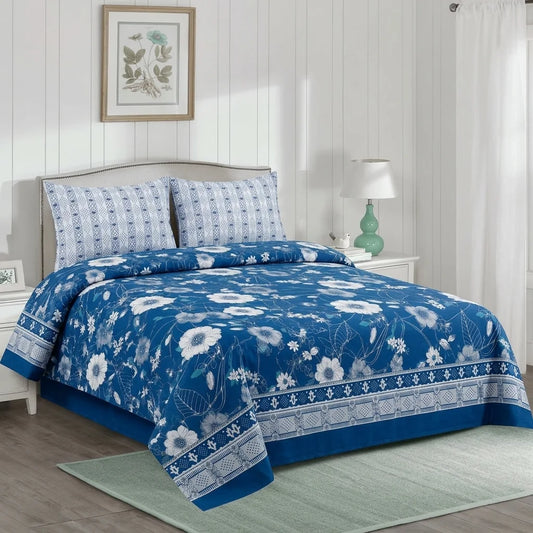 Blue Vignette Printed 3 PCs Bedsheet Set