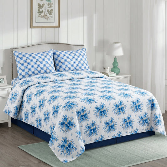 Blue Floral 3 PCs Printed Bedsheet Set