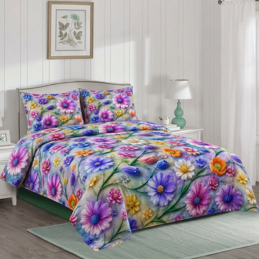 Serene Blue Garden 3D Premium Bedsheet Set